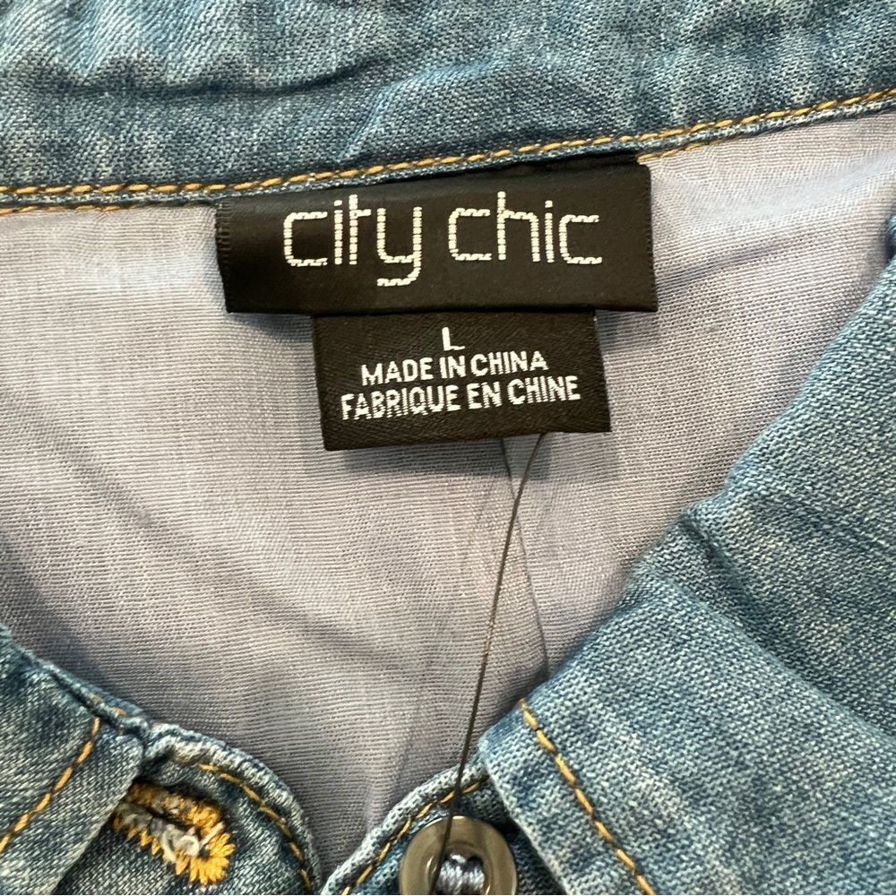 City Chic Ella Denim Shirt Dress Puff Sleeve Button Front Chambray Mini 20 NWT - Picture 14 of 15